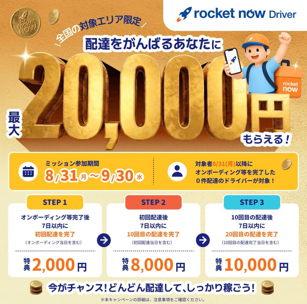 ロケットナウ配達員2万円キャンペーン2026年9月